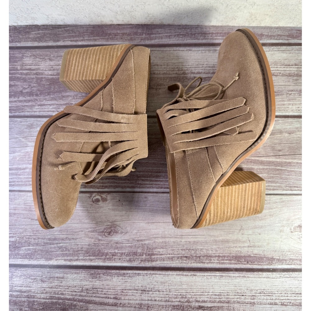 Sole Society Wilshire Taupe Cow Suede Fringe Block Heel Mule Booties Womens 7.5